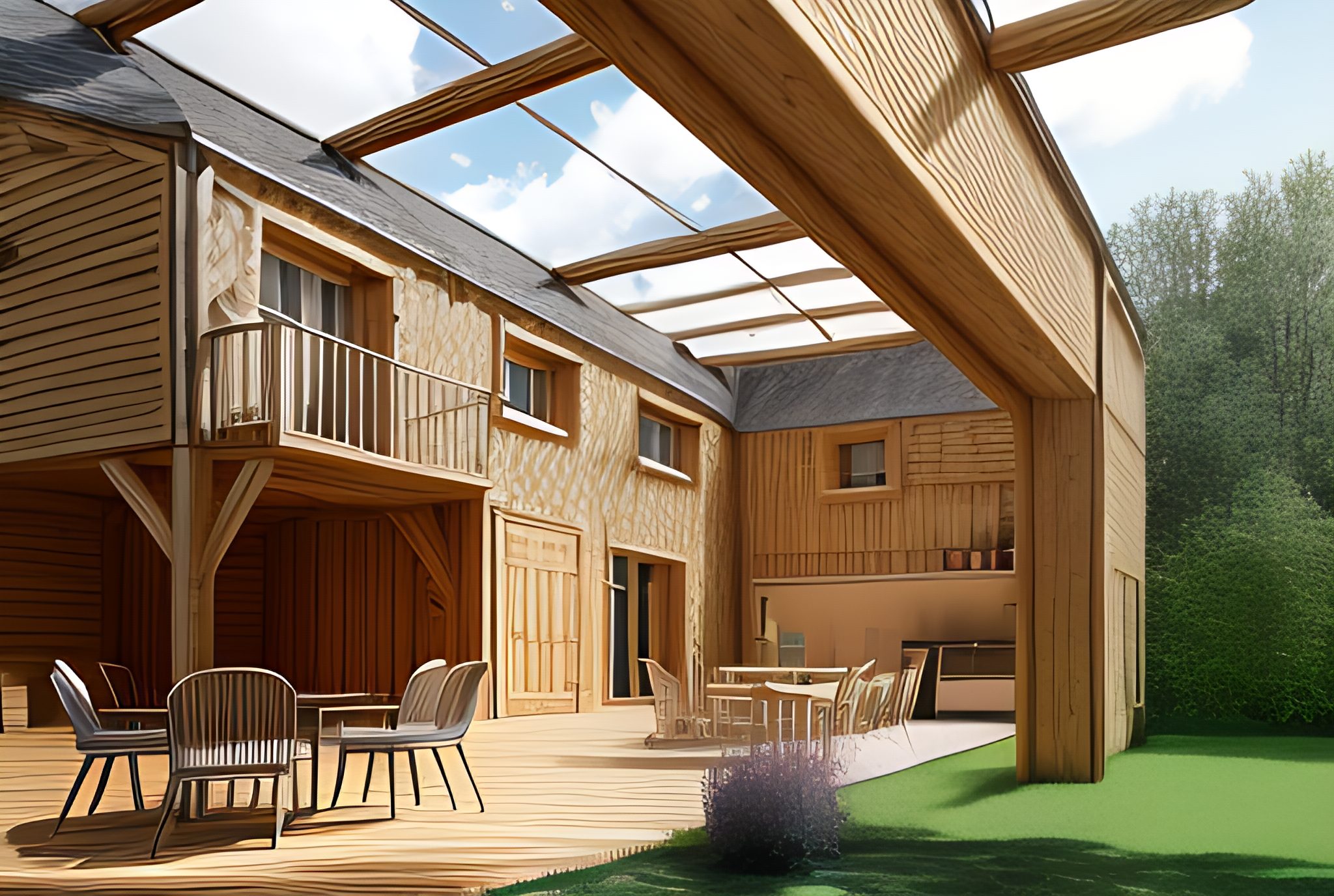 there is a bed in a wooden structure in the woods. generative ai