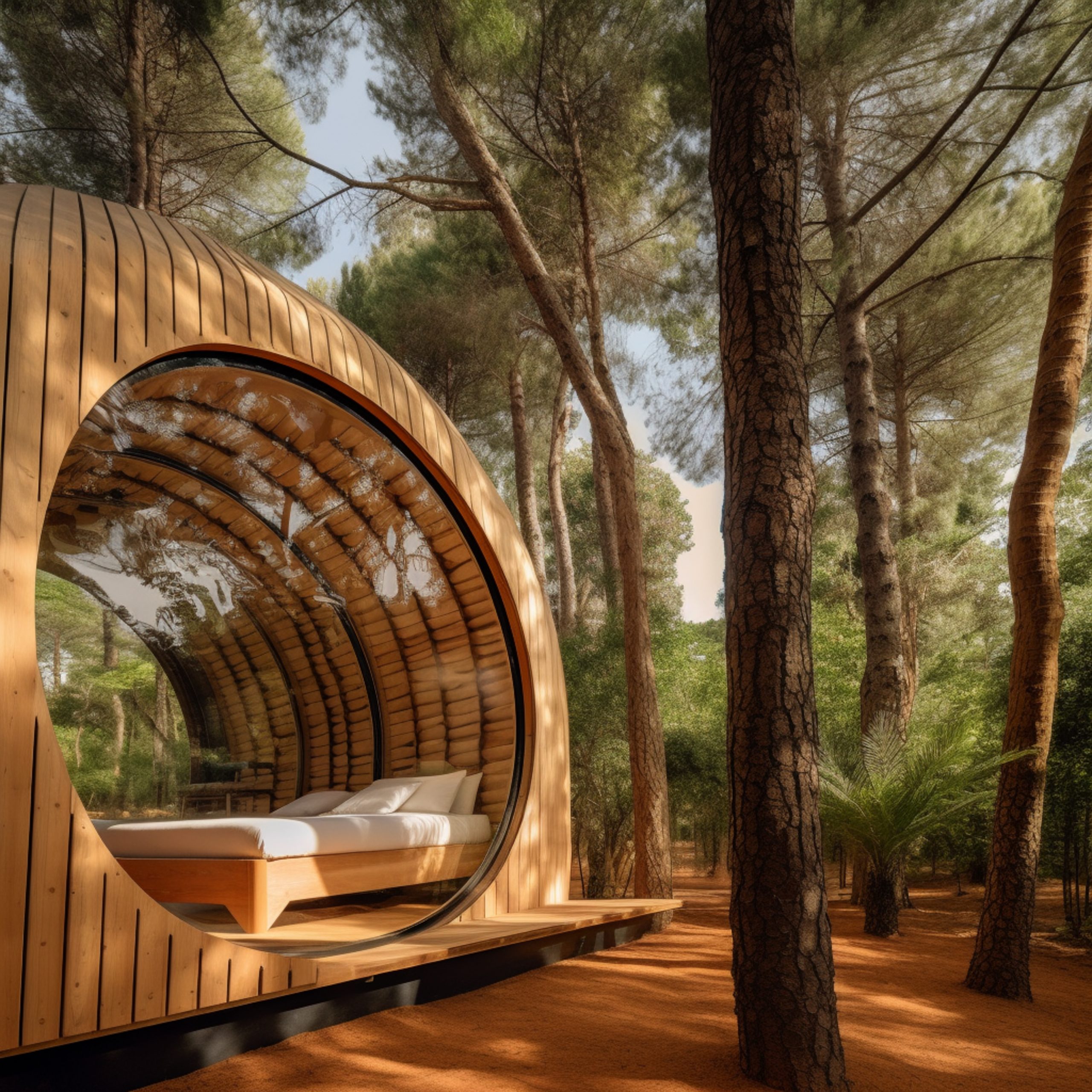 there is a bed in a wooden structure in the woods. generative ai
